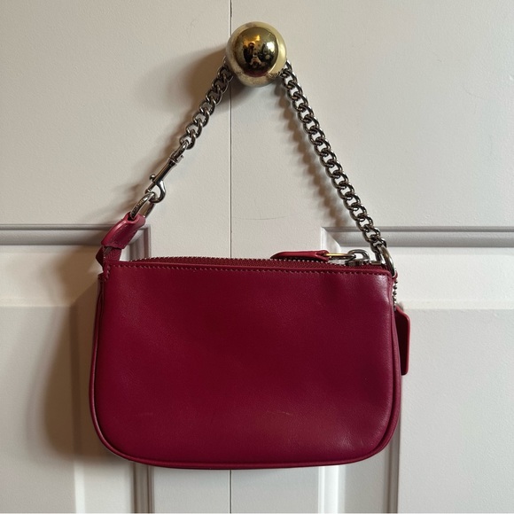 Coach Fuchsia Magenta Soft Leather Wristlet Mini Bag Silver Chain - Picture 2 of 4